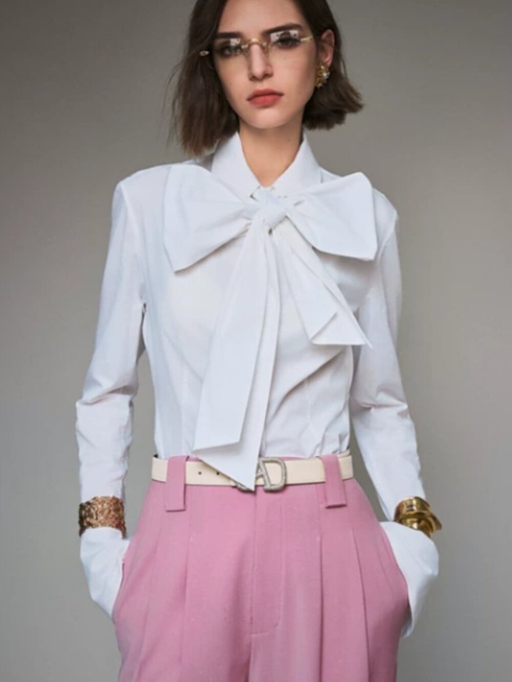ANNASPEAK Detachable Bow Tie Long Sleeve Cotton Blouse Shirt